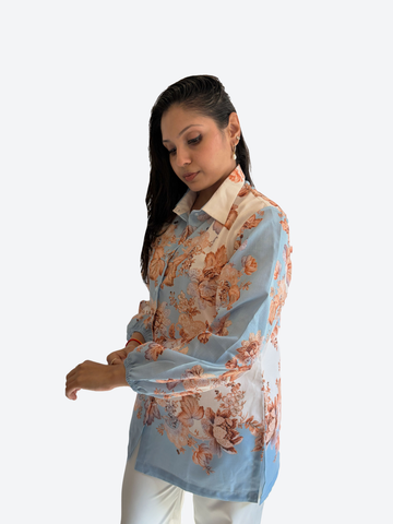 Powder Blue Floral Contrast Shirt