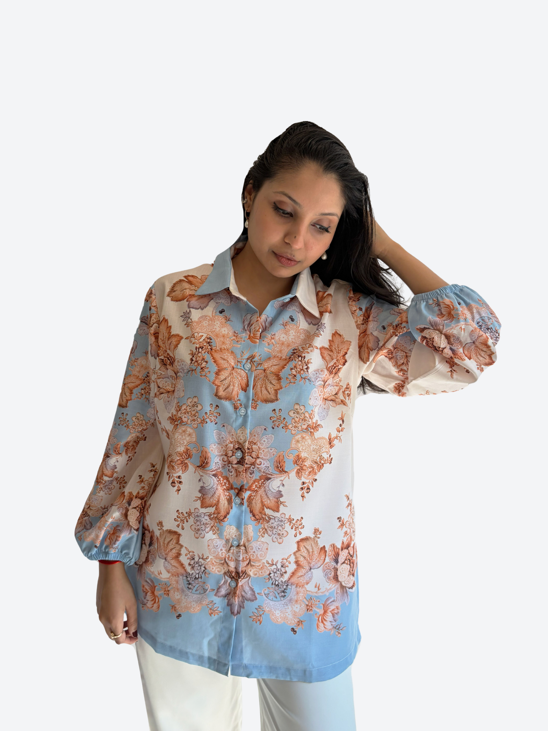 Powder Blue Floral Contrast Shirt