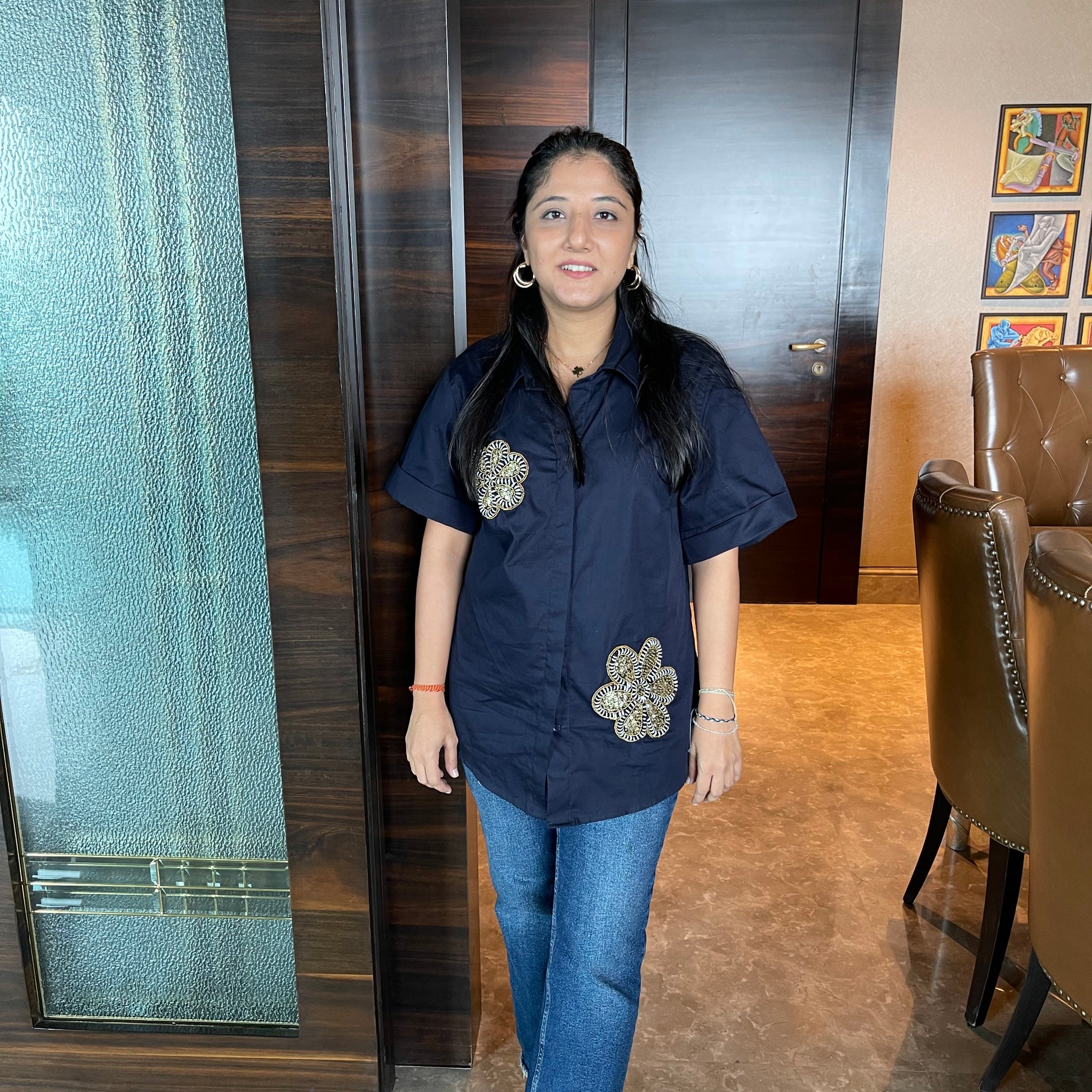 Navy Bloom Embellished Cotton Shirt
