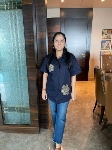 Navy Bloom Embellished Cotton Shirt