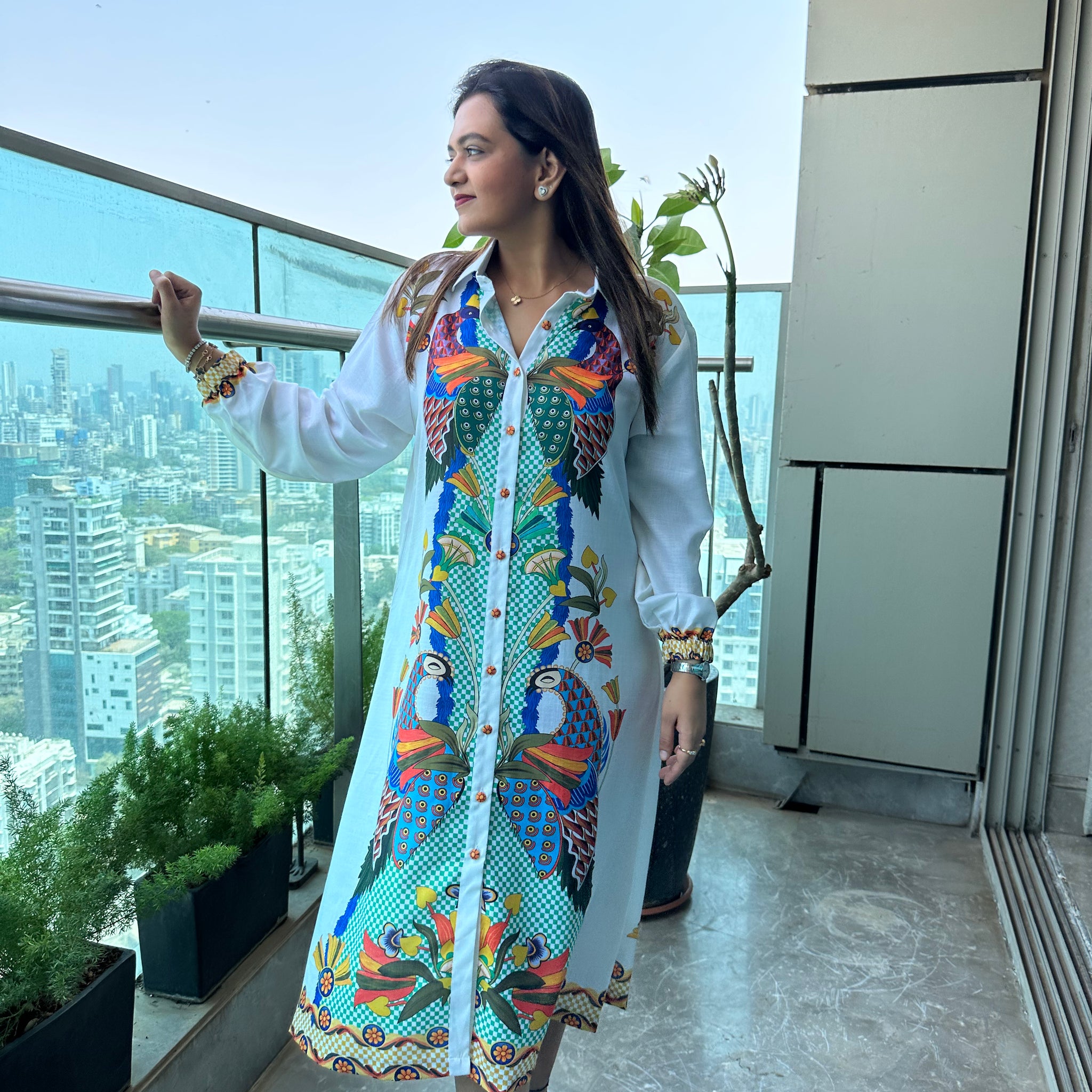 Tropical Peacock Print Shirt Dress