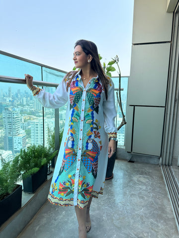Tropical Peacock Print Shirt Dress