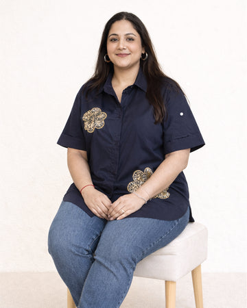 Navy Bloom Embellished Cotton Shirt