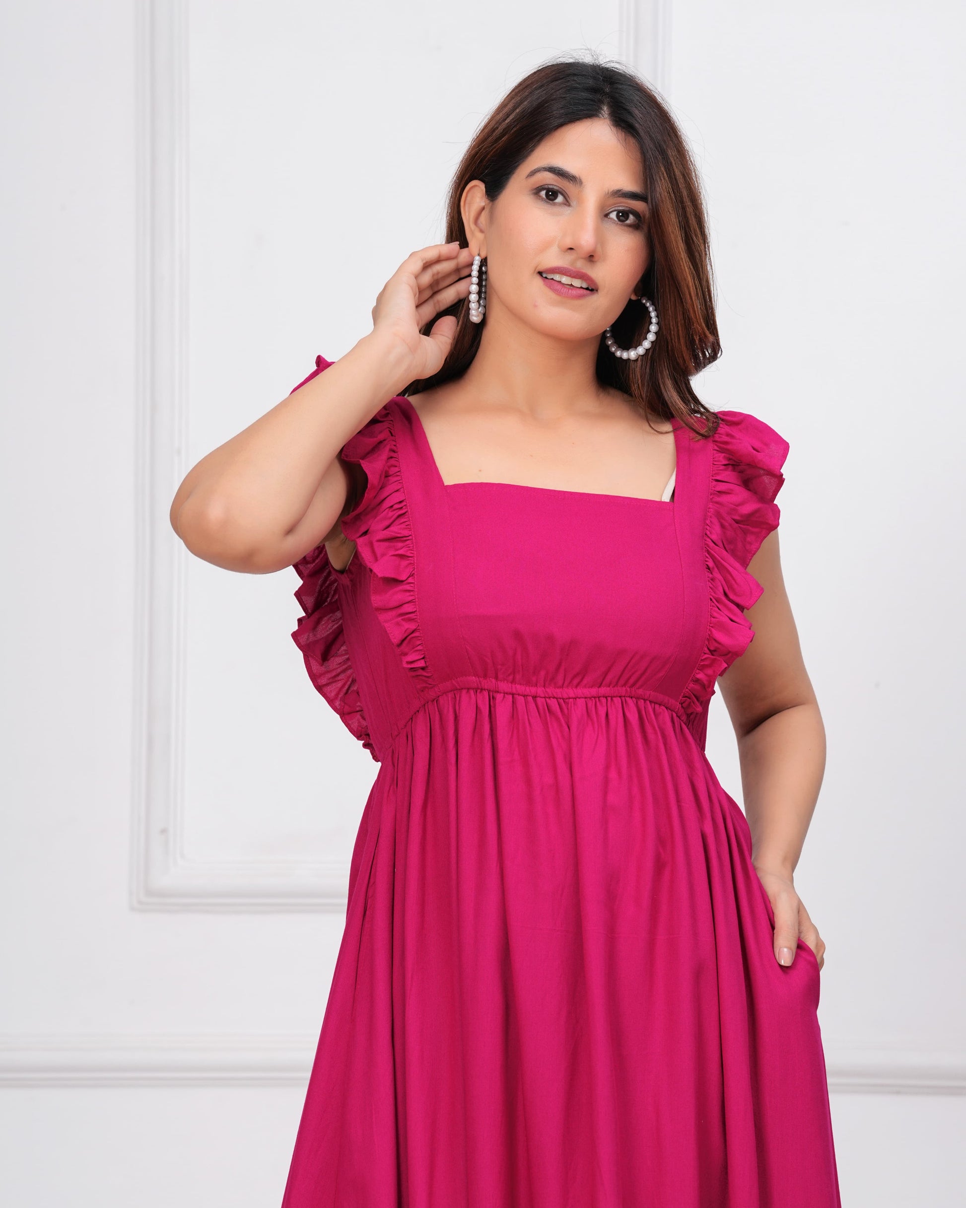 Fuschia pink Romance Ruffle Sleeve Maxi Dress in Red