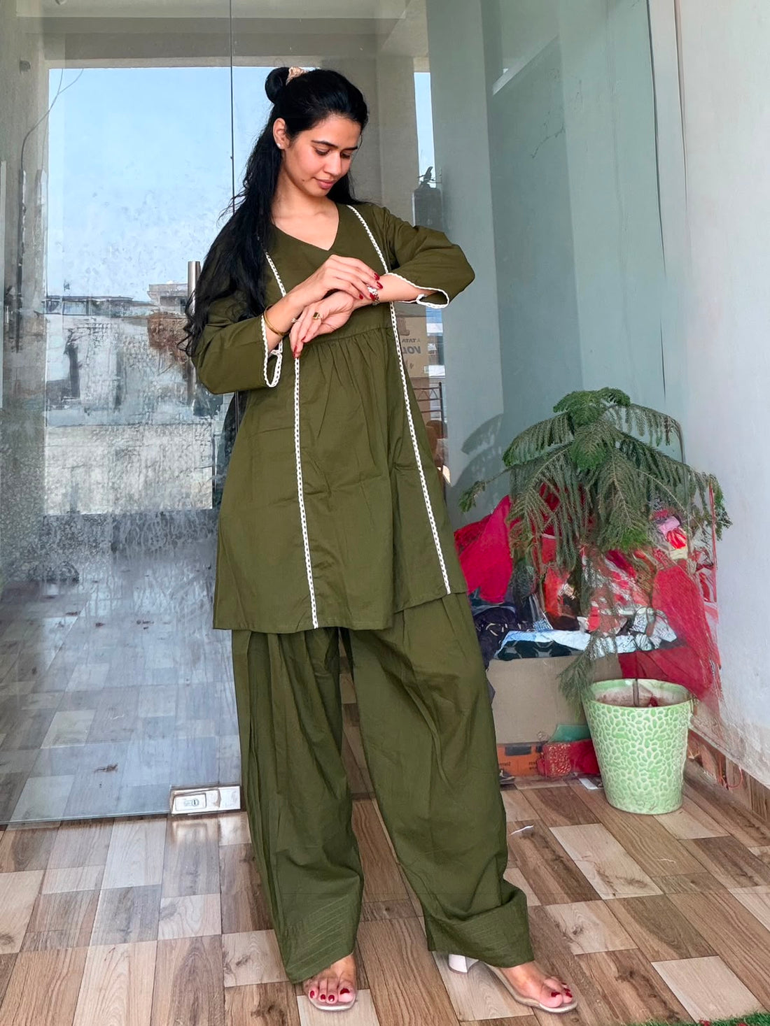 Olive Aura Gathered Kurta & Dhoti Pant Set