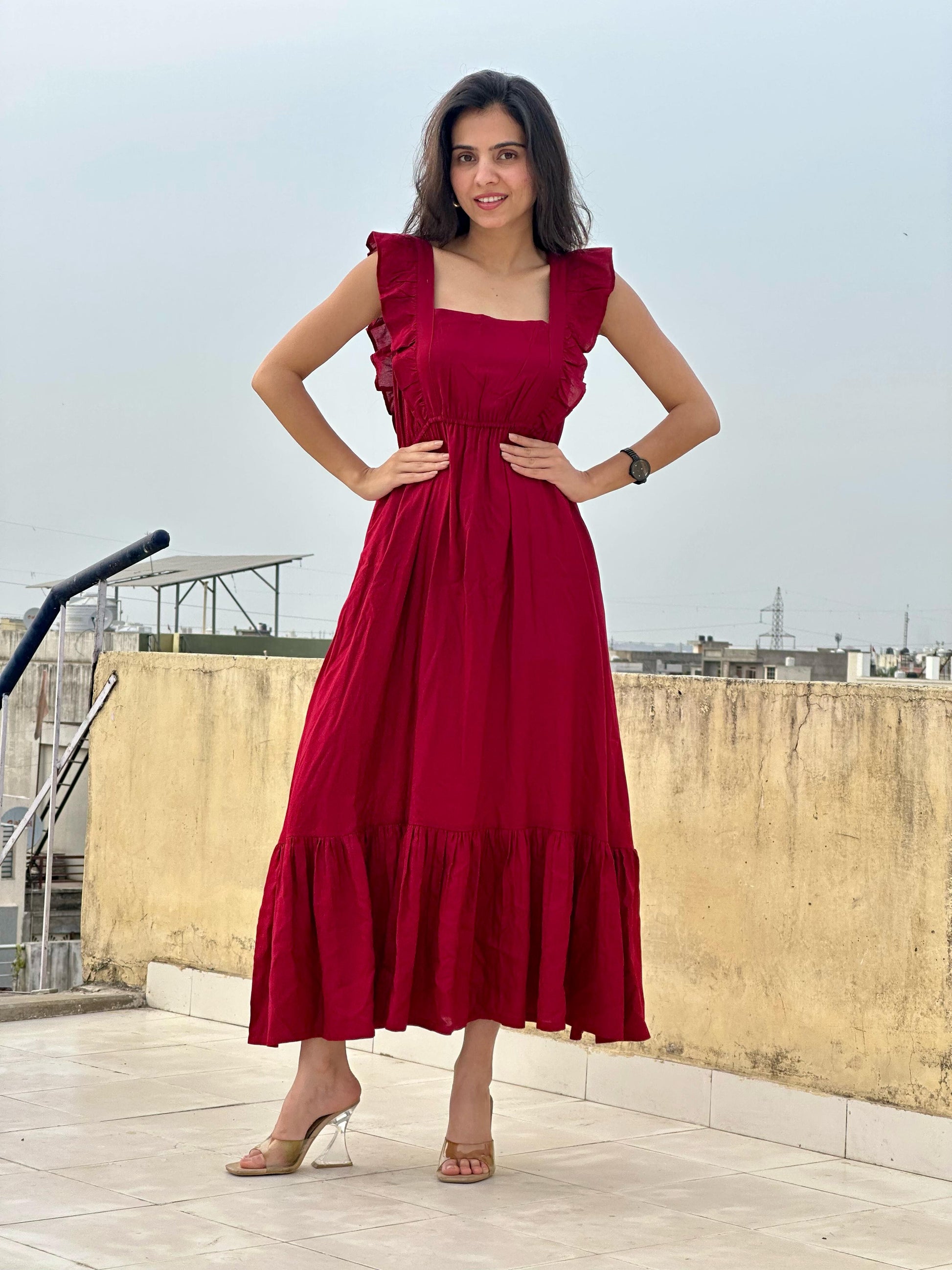 Ruby Romance Ruffle Sleeve Maxi Dress in Red