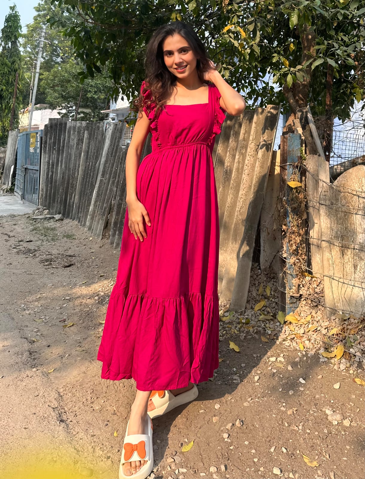 Ruby Romance Ruffle Sleeve Maxi Dress in Red