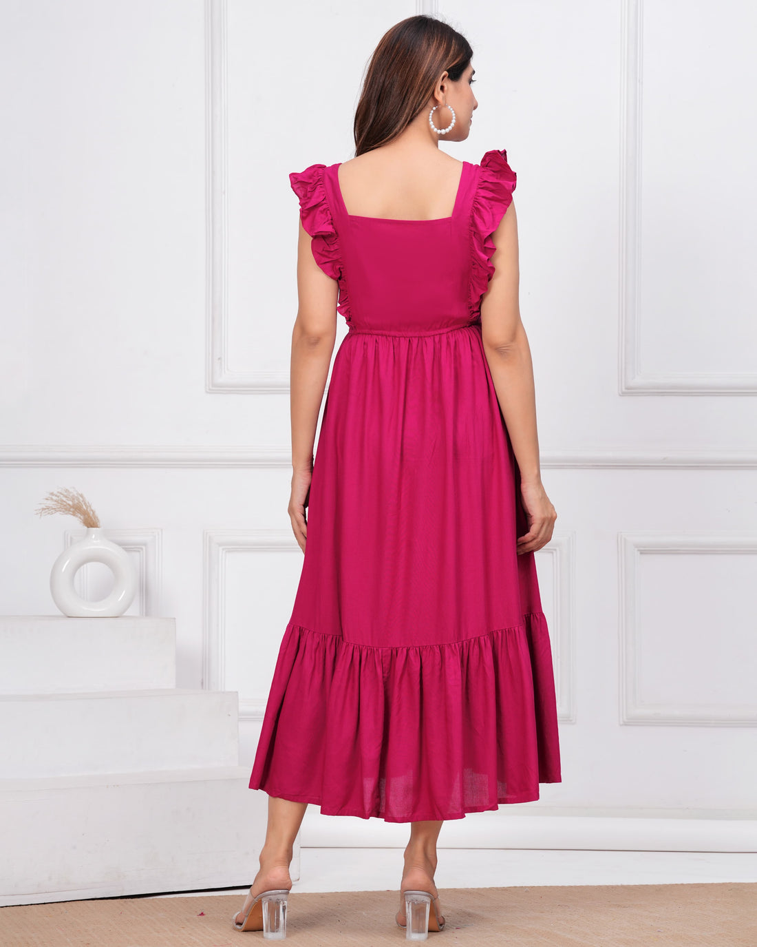 Fuschia pink Romance Ruffle Sleeve Maxi Dress in Red