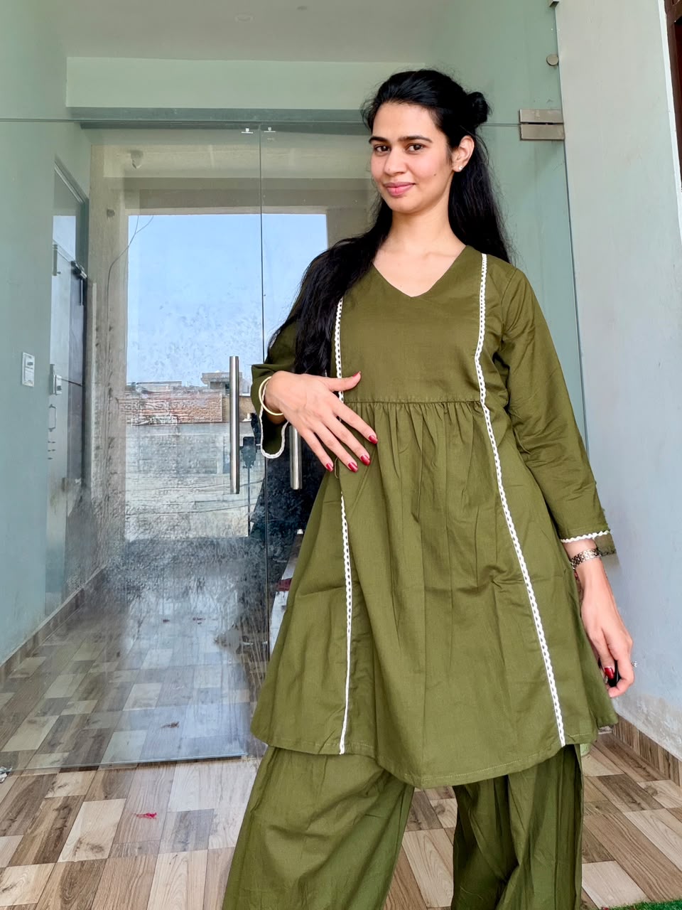 Olive Aura Gathered Kurta & Dhoti Pant Set