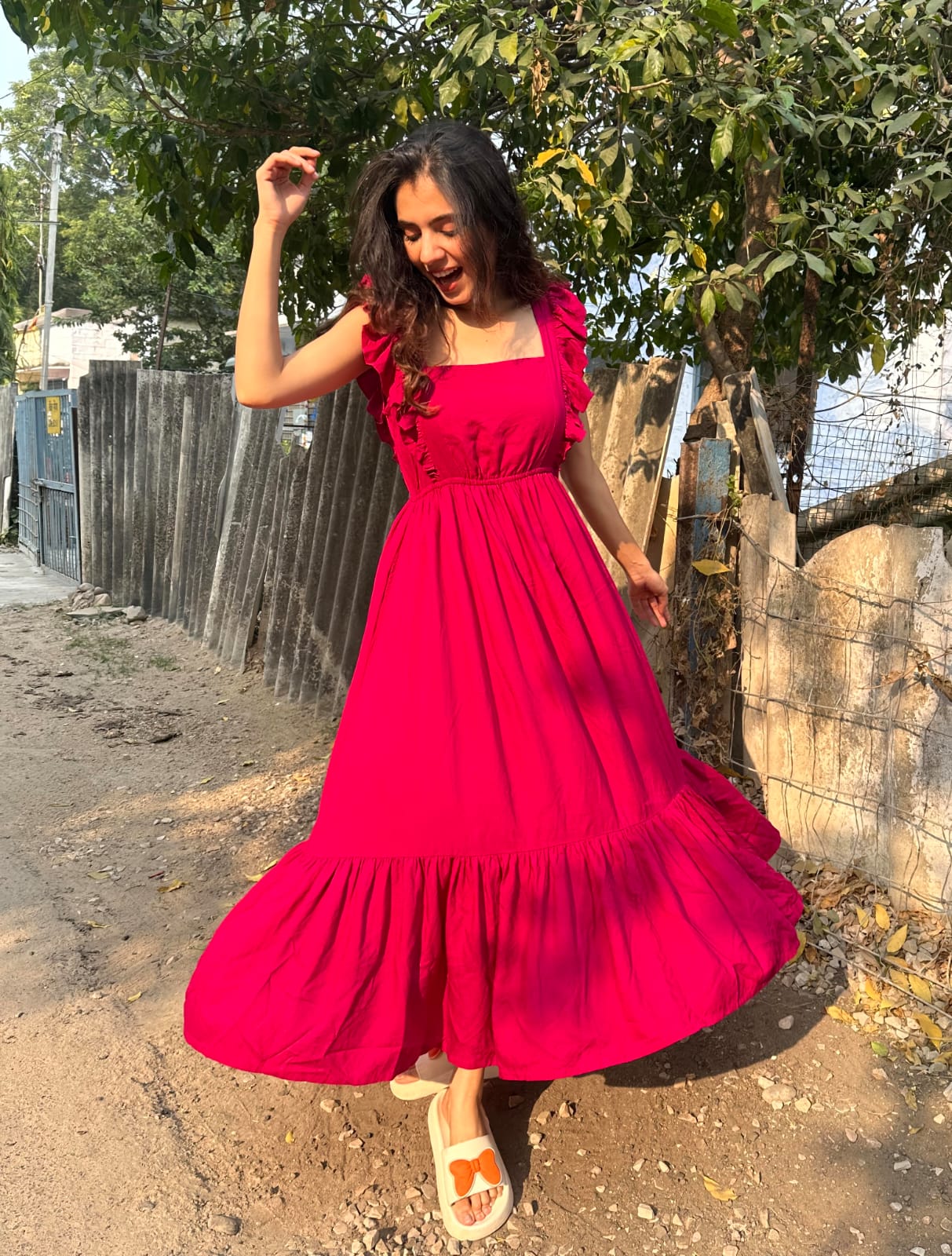 Ruby Romance Ruffle Sleeve Maxi Dress in Red