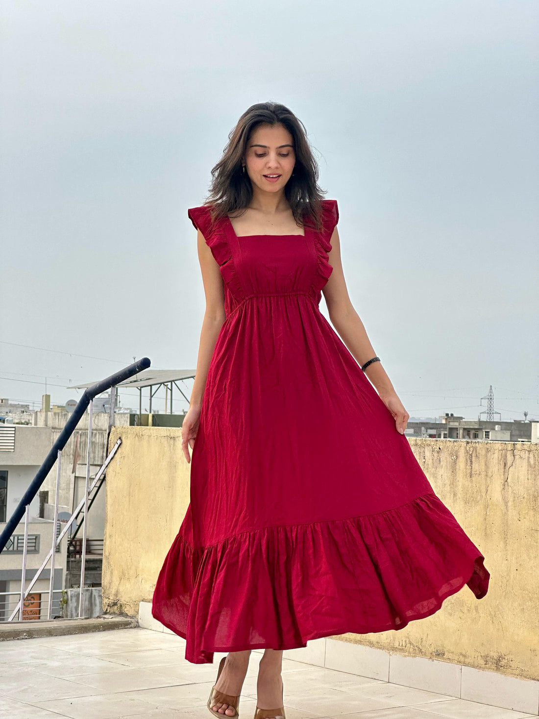 Ruby Romance Ruffle Sleeve Maxi Dress in Red