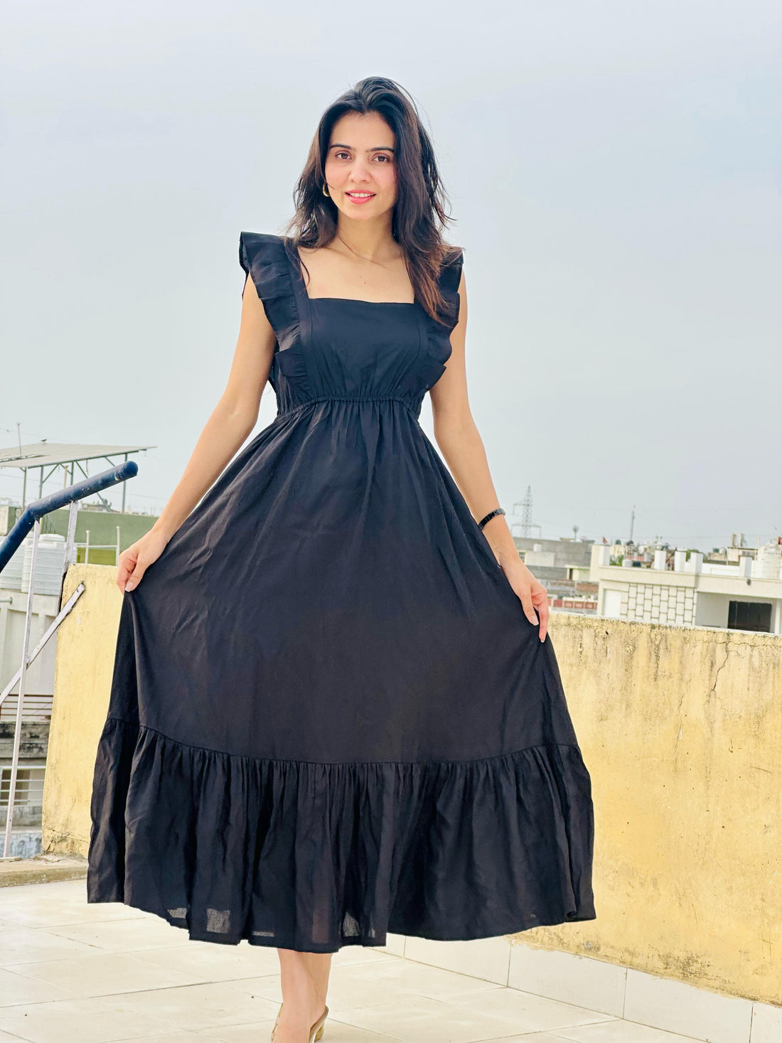Black Romance Ruffle Sleeve Maxi Dress in Black