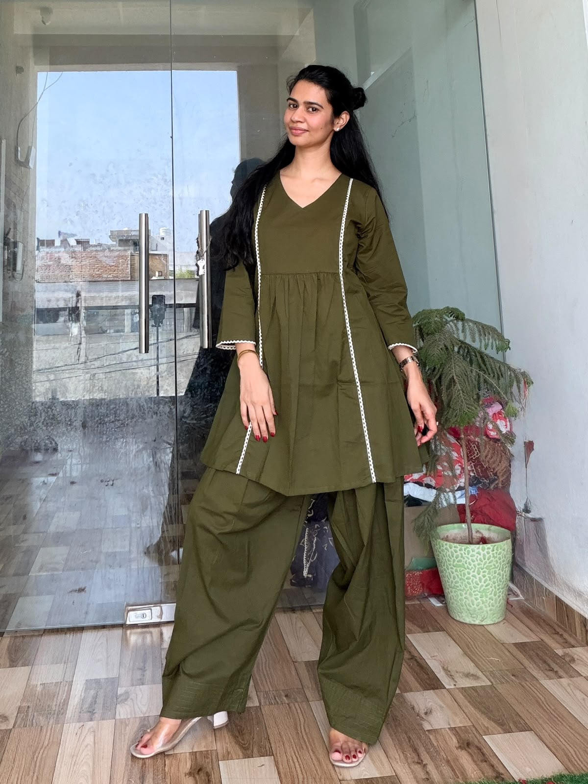 Olive Aura Gathered Kurta & Dhoti Pant Set