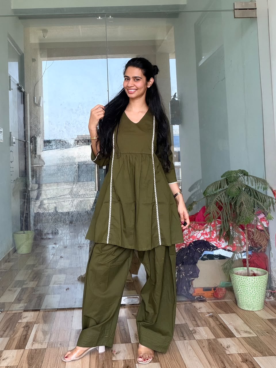 Olive Aura Gathered Kurta & Dhoti Pant Set