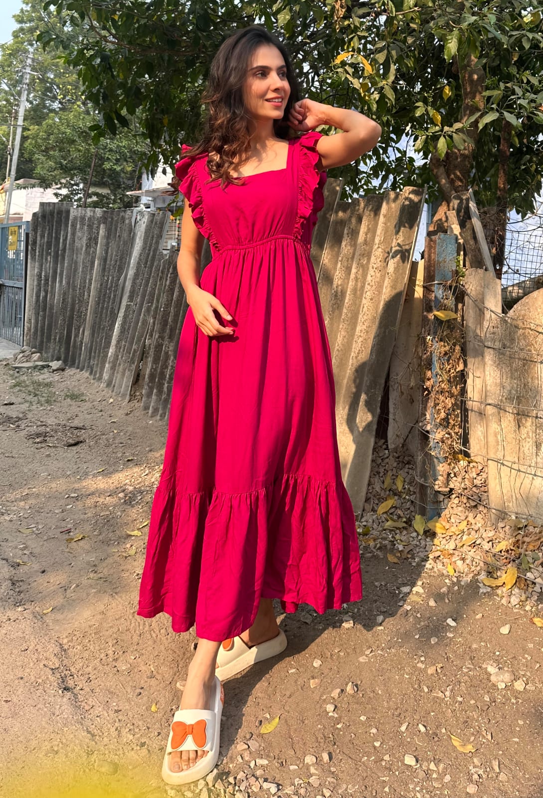 Ruby Romance Ruffle Sleeve Maxi Dress in Red