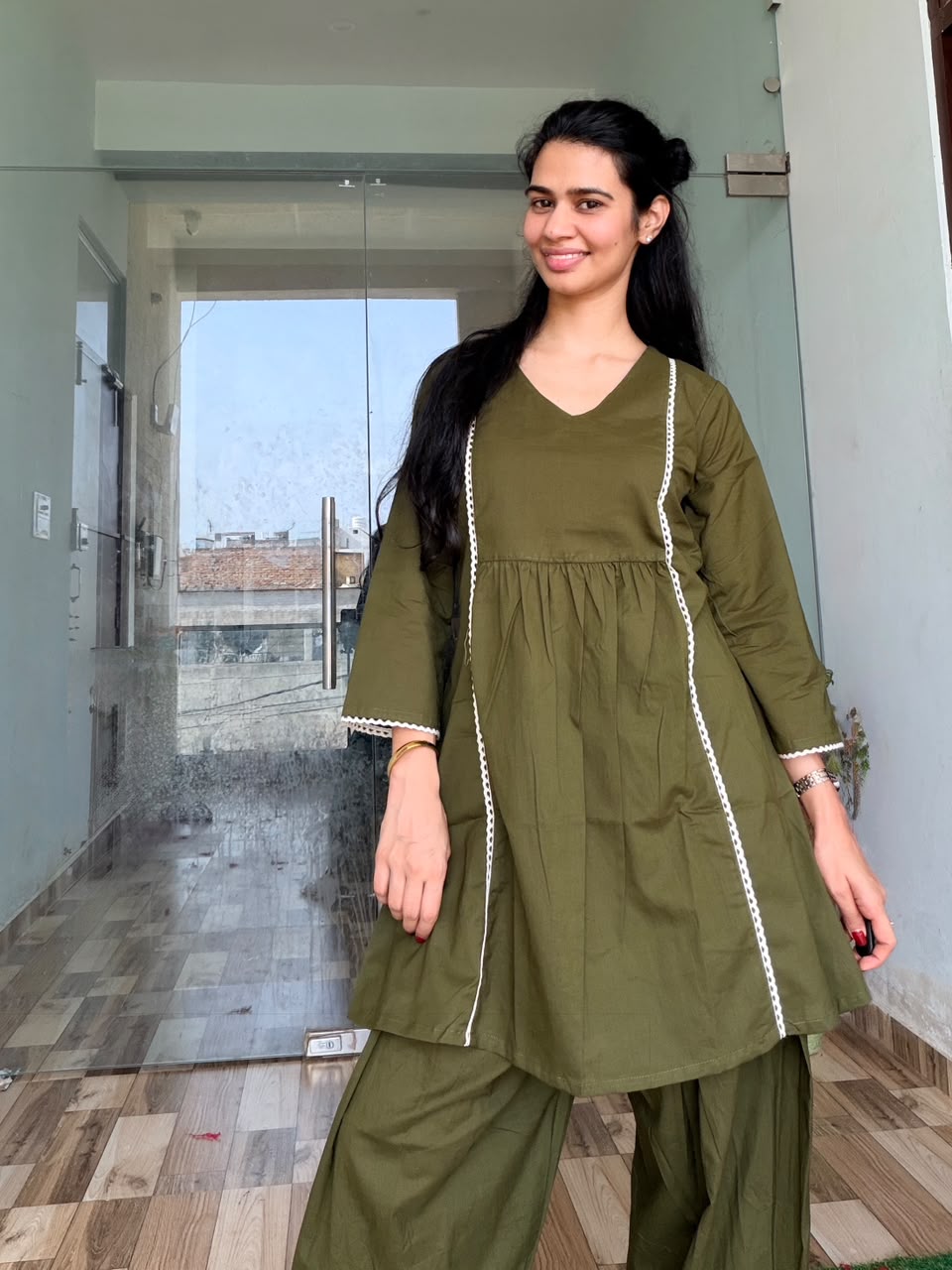 Olive Aura Gathered Kurta & Dhoti Pant Set