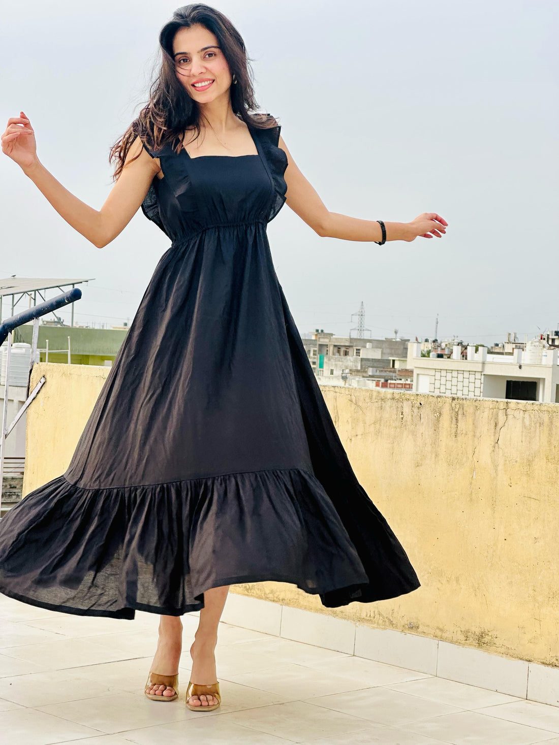 Black Romance Ruffle Sleeve Maxi Dress in Black