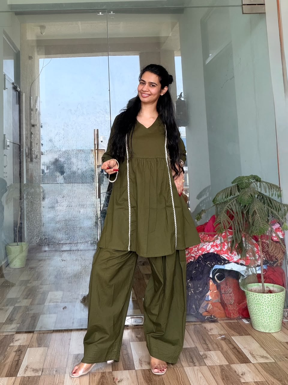 Olive Aura Gathered Kurta & Dhoti Pant Set
