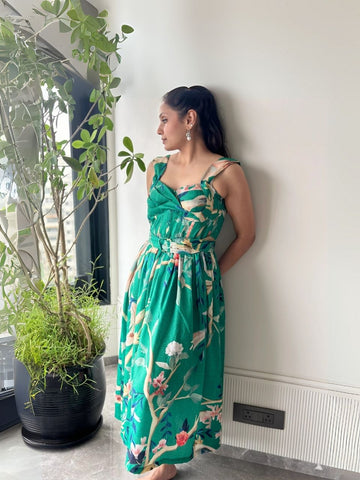 Emerald Blossom Belted Maxi Dress
